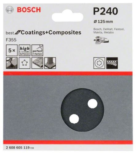 BOSCH Brusný papír F355, balení 5 ks 125 mm, 240 2608605119