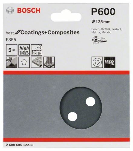 BOSCH Brusný papír F355, balení 5 ks 125 mm, 600 2608605122