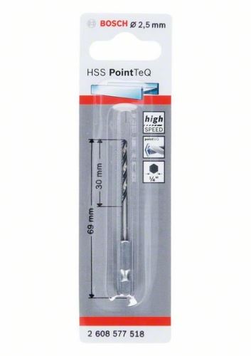 BOSCH Vrták do kovu HSS PointTeQ HEX se 6hrannou stopkou; 2.5 mm (5 ks) 2608577518