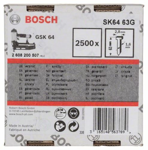 BOSCH Hřeb se zápustnou hlavou SK64 63G 1,6 mm, 63 mm, pozinkovaný (2500 ks) 2608200507