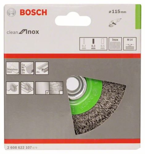 BOSCH Kotoučový drátěný kartáč, zvlněný drát, 115, nerezová ocel 115 mm, 0,3 mm, M14 2608622107