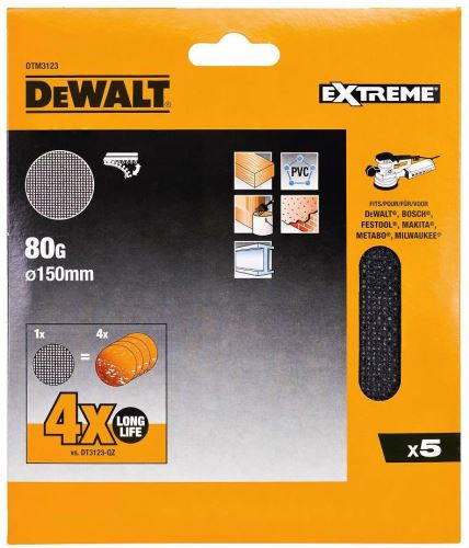 DeWALT Brusná mřížka EXTREME P80 pro pro excentrické brusky, 150 mm, (10 ks) DTM3133