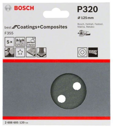 BOSCH Brusný papír F355, balení 5 ks 125 mm, 320 2608605120