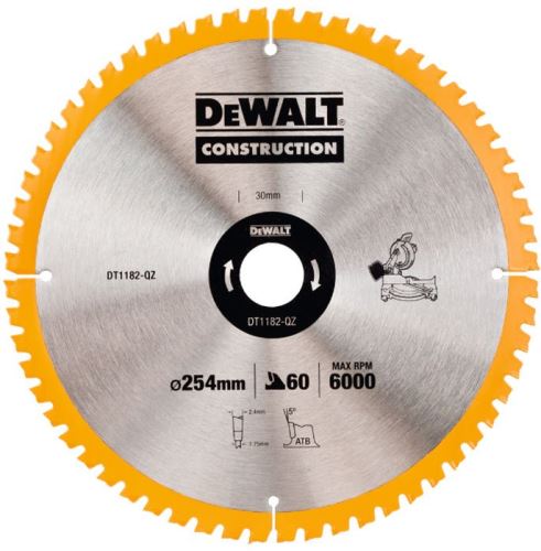 DeWALT Pilový kotouč CONSTRUCTION pro pokosové pily na dřevo s hřebíky, 254 x 30 mm, 60 zubů DT1182