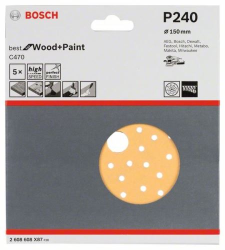 BOSCH Brusné papíry C470 pro excentrické brusky, Best for Wood and Paint, průměr 150 mm, 240 multiděrování (5 ks) 2608608X87