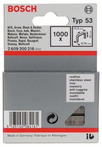 BOSCH Sponky do sponkovačky z tenkého drátu, typ 53, nerezové Typ 53; L = 10 mm (1000 ks) 2609200216