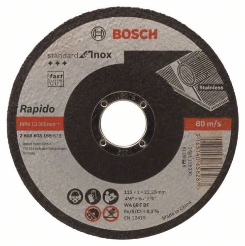 BOSCH Dělicí kotouč rovný Standard for Inox - Rapido WA 60 T BF, 115 mm, 22,23 mm, 1,0 mm 2608603169