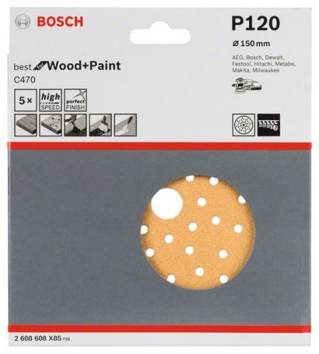 BOSCH Brusné papíry C470 pro excentrické brusky, Best for Wood and Paint, průměr 150 mm, 120 multiděrování (5 ks) 2608608X85