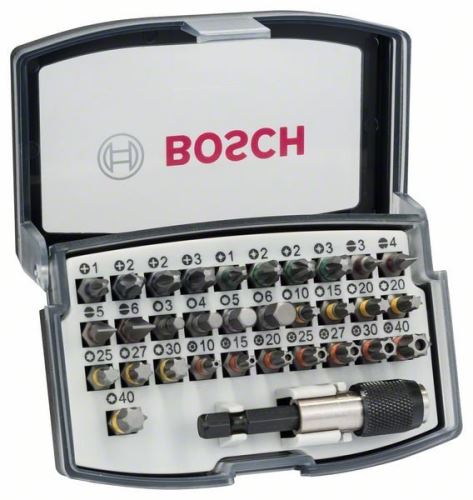 BOSCH 32dílná sada šroubovacích bitů PH1; PH2; PH2; PH3; PZ1; PZ2; PZ2; PZ3; HEX 3; HEX 4; HEX 5; HEX 6; T10; T15; T20; T20; T25; T27; T30; T40 2607017319