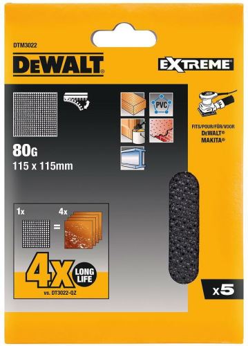 DeWALT Brusná síťovina, suchý zip, 115 x 115 mm, P80 (5 ks) DTM3022