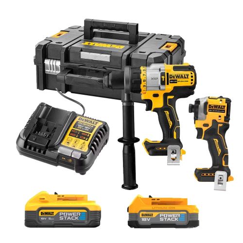 Dewalt 18V XR bezkomutátorová 2dílná sada, 1x 5,0Ah baterie Powerstack, 1x 1,7Ah kompaktní baterie Powerstack, nabíječka a pouzdro TSTAK II DCK2052H1E1T