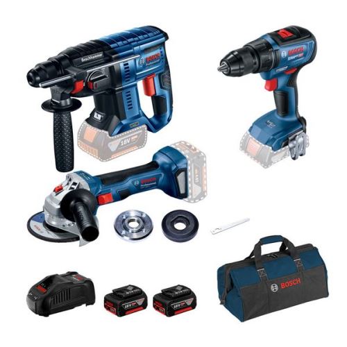 Bosch Profesionální sada: GBH 180-LI + GSR 18V-50 + GWS 180-LI + 2× GBA 18V 5.0Ah + 0615990M32