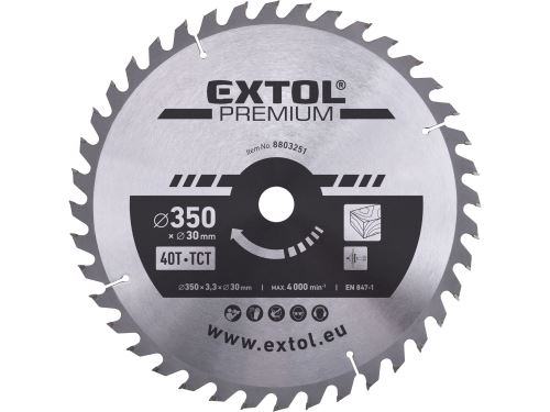 EXTOL PREMIUM kotouč pilový s SK plátky, O 350x3,3x30mm, 40T 8803251