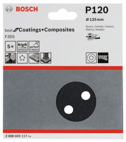 BOSCH Brusný papír F355, balení 5 ks 125 mm, 120 2608605117