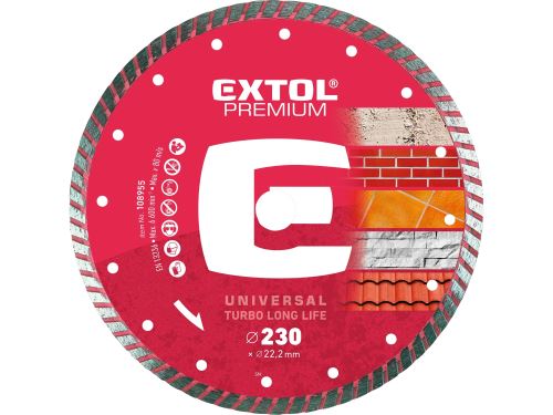 EXTOL PREMIUM kotouč diamantový řezný, turbo Long Life - suché i mokré řezání, 230x22,2x2,8mm 108955