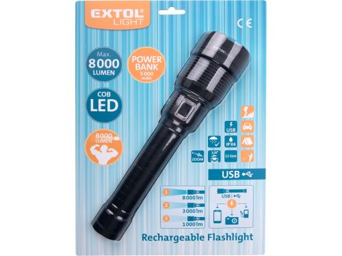 EXTOL svítilna 8000lm, zoom, USB nabíjení s powerbankou, 60W COB LED 43142