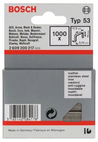 BOSCH Sponky do sponkovačky z tenkého drátu, typ 53, nerezové Typ 53; L = 14 mm (1000 ks) 2609200217