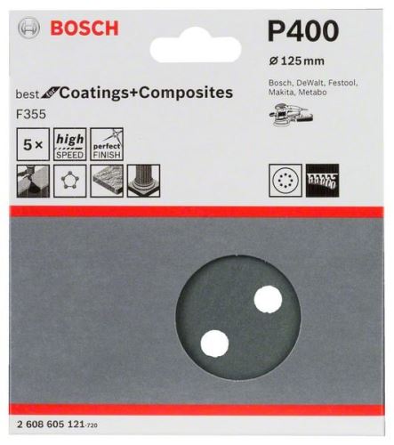 BOSCH Brusný papír F355, balení 5 ks 125 mm, 400 2608605121