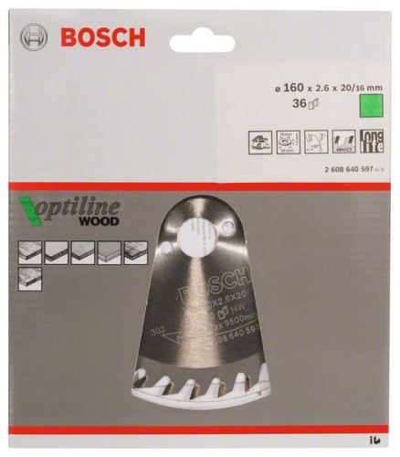 BOSCH Pilový kotouč Optiline Wood 160 x 20/16 x 2,6 mm, 36 2608640597